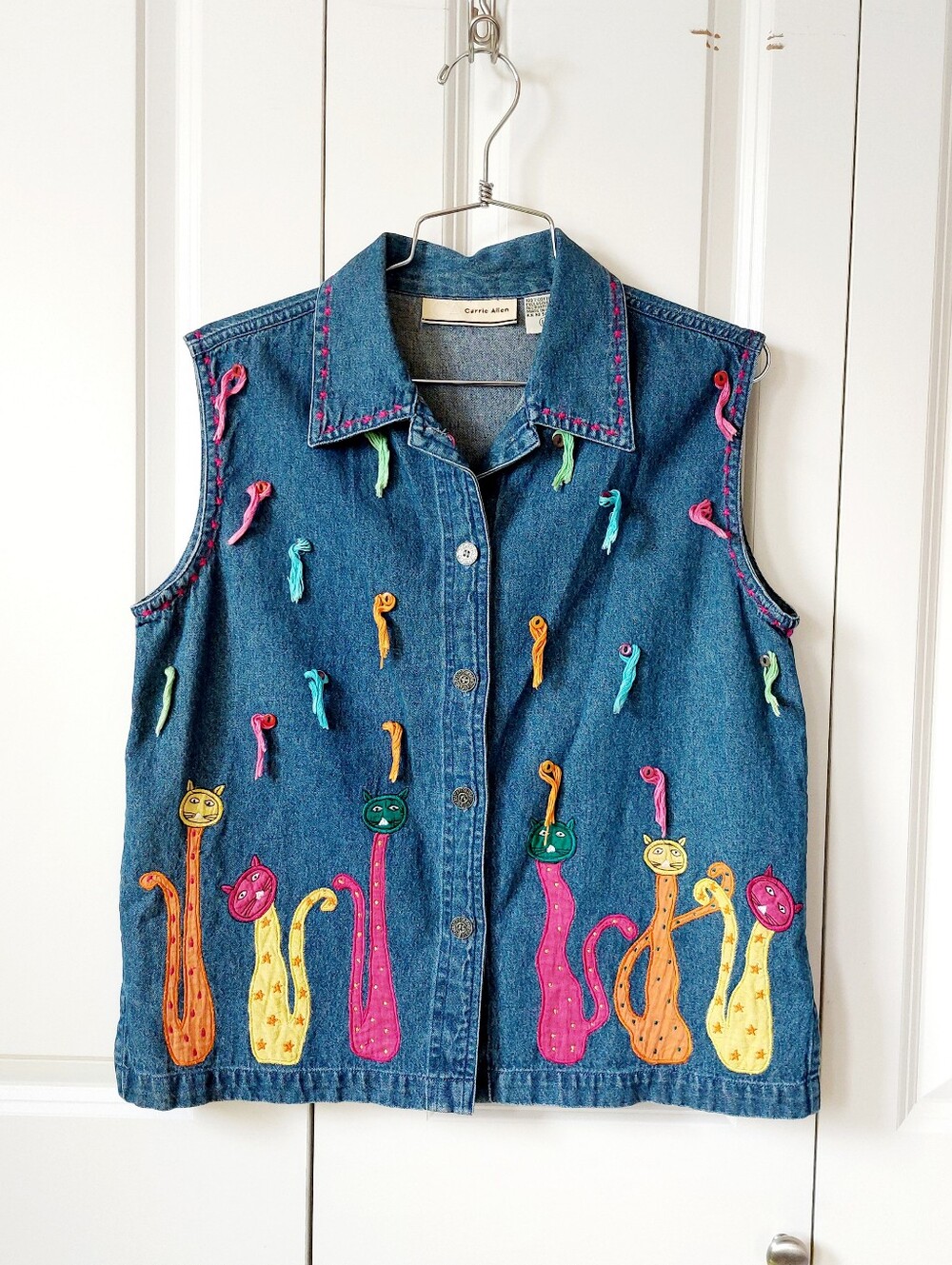 Tall Neon Cat Denim Vest Large Boho Tassel Cottagecore Teacher Granny Kitty 90s